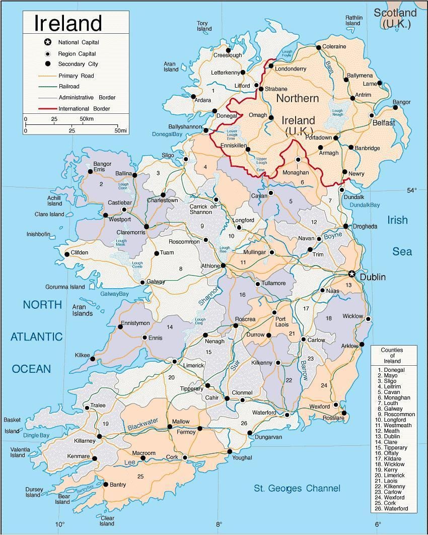bản đồ của ireland với thị trấn và thành phố