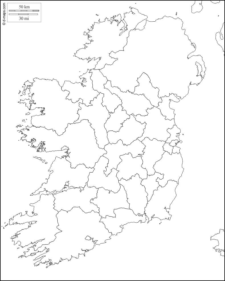 bản đồ trắng của ireland với county biên giới